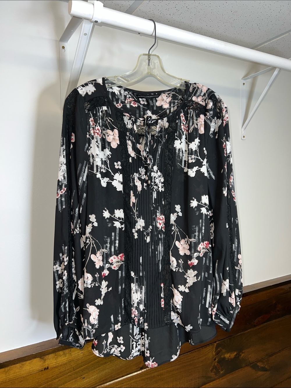 White House Black Market Black Floral Pintuck Long-Sleeve Blouse- 4